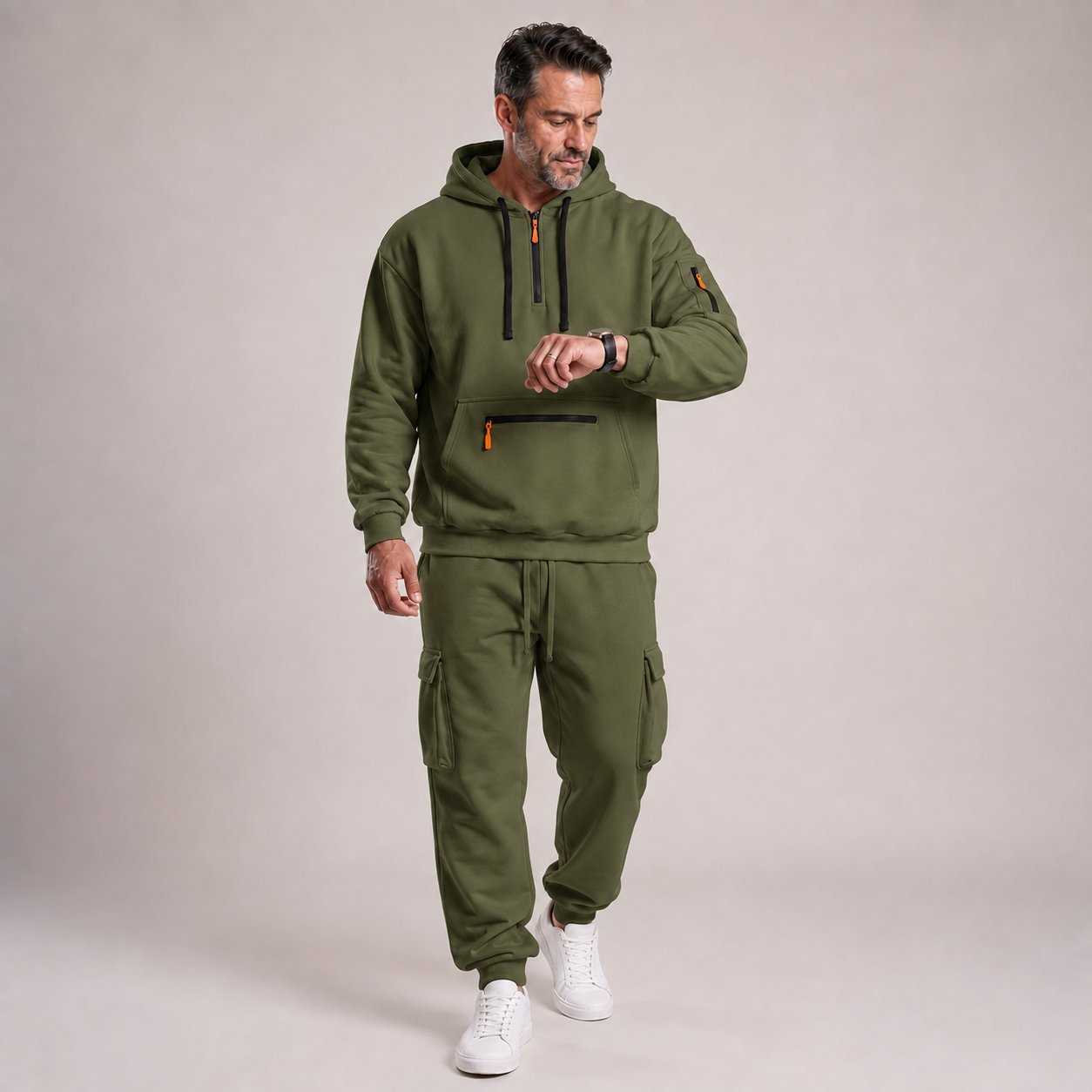 Army Green men's hooded quarter-zip top and cargo jogger 2-piece set