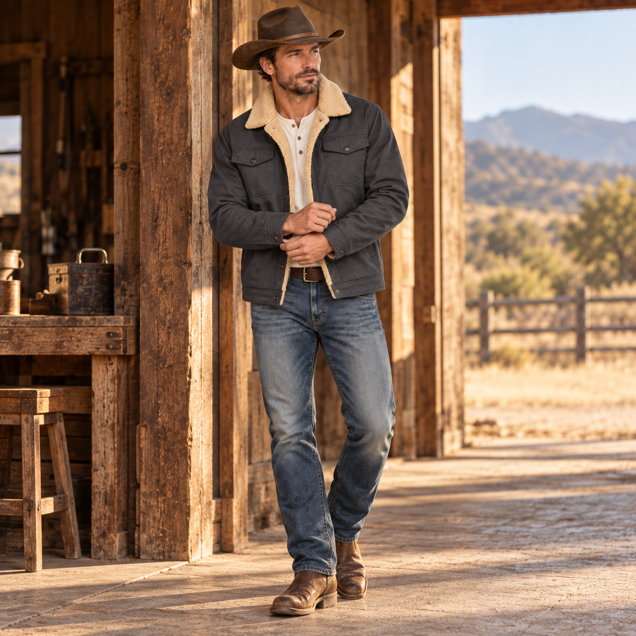 Dark grey sherpa-lined trucker jacket