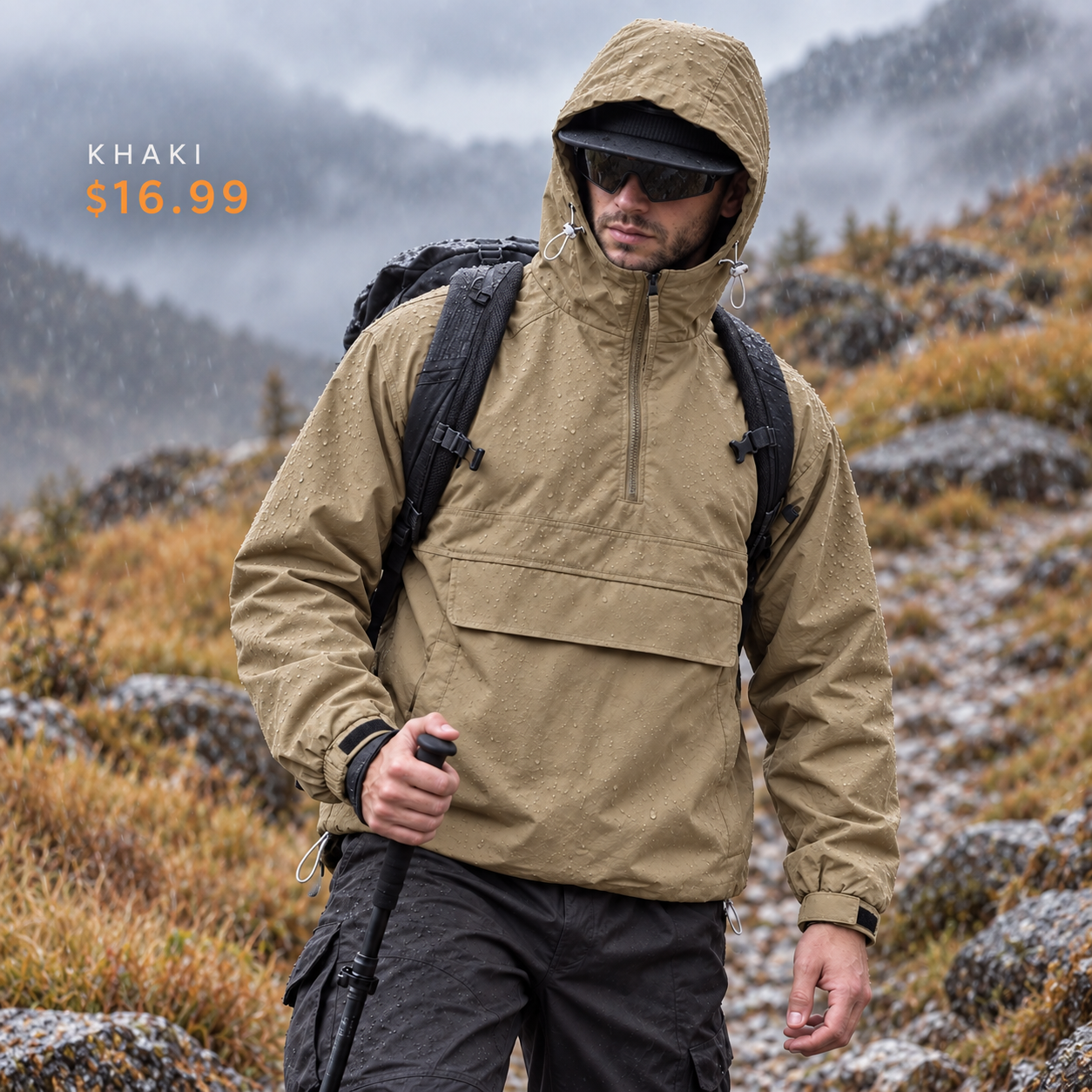 Regular single Khaki hooded half-zip utility jacket