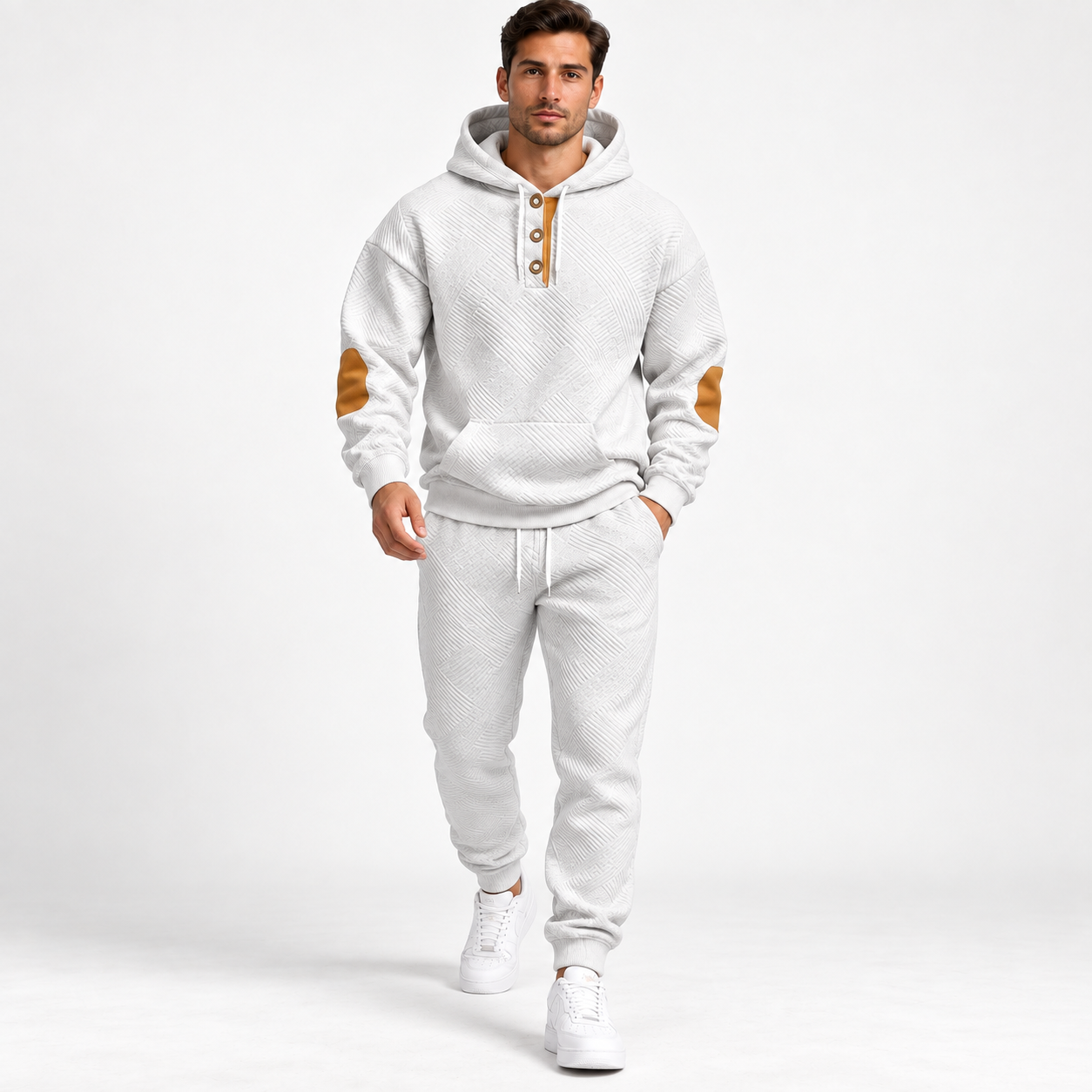 KRUIDA Men's 2-Piece Textured Hoodie Tracksuit - single white