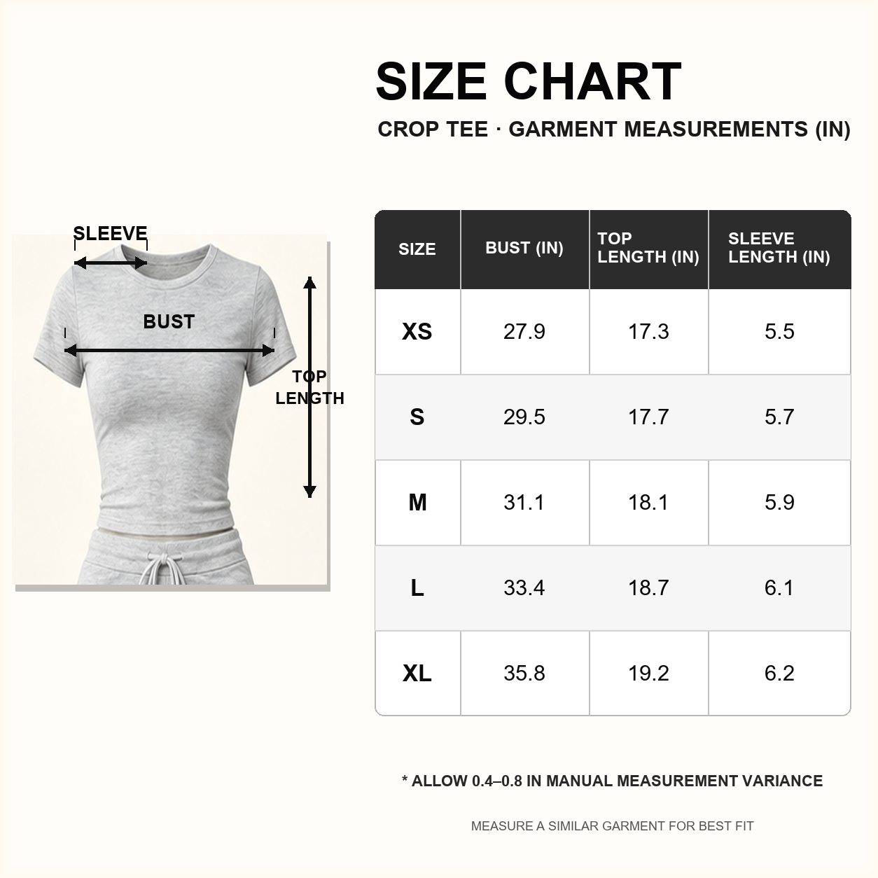 Women’s crop tee size chart in inches, XS to XL