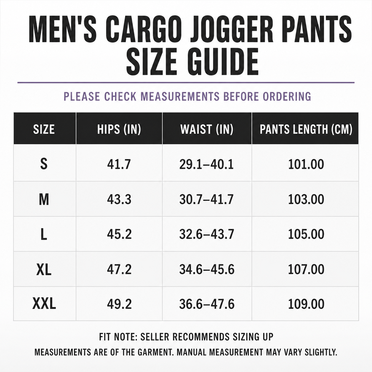 Men's cargo jogger pants size guide for S through XXL
