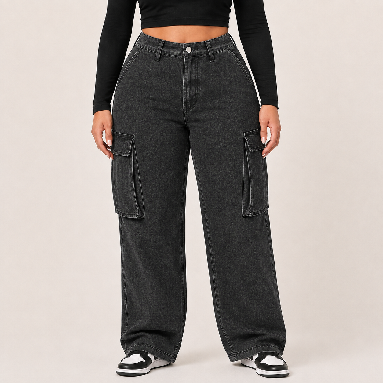 Washed Black high-rise cargo denim jeans, front view