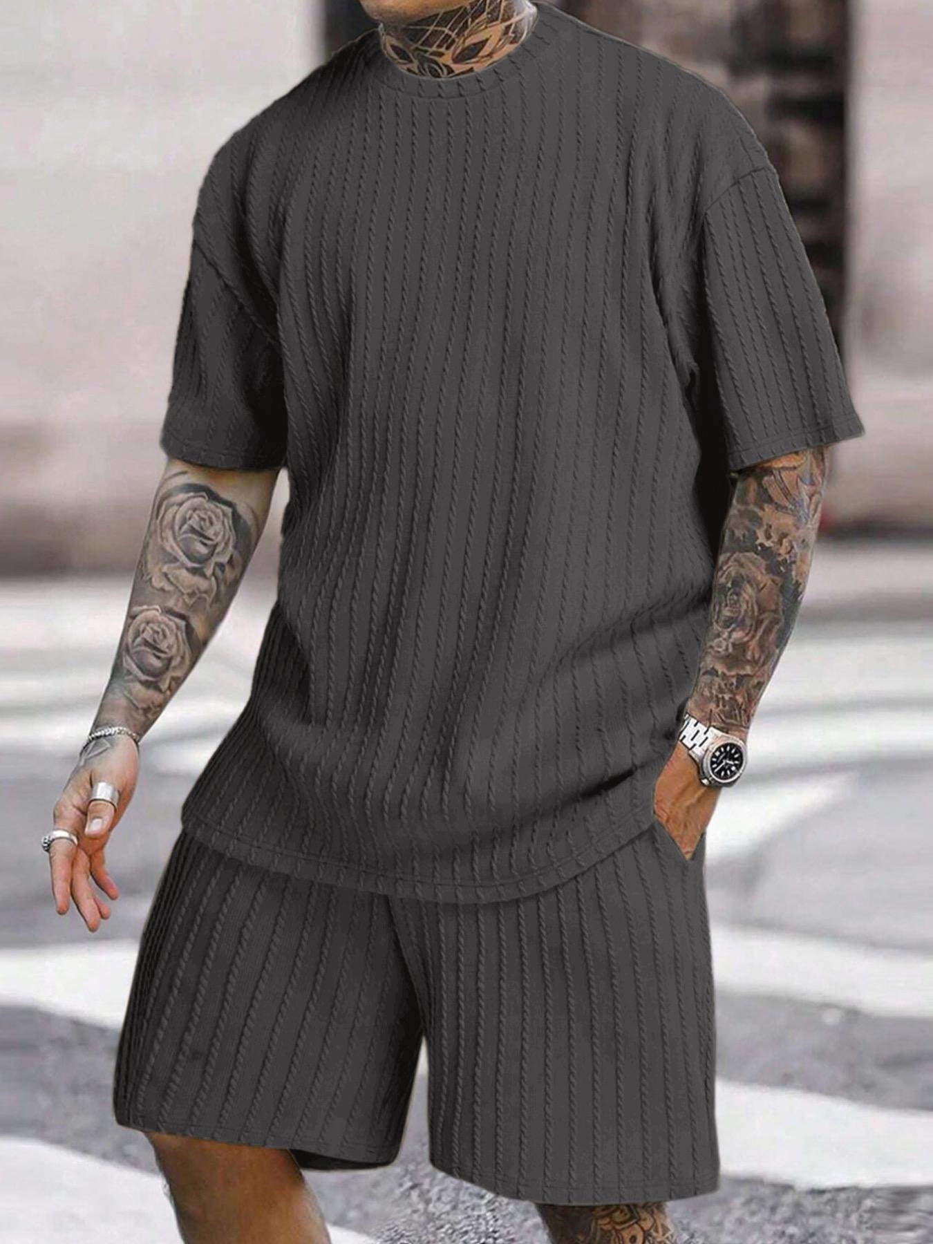 Men&rsquo;s Loose Fit 2-Piece Summer Set, Oversized Textured Tee with Relaxed Fit Drawstring Shorts