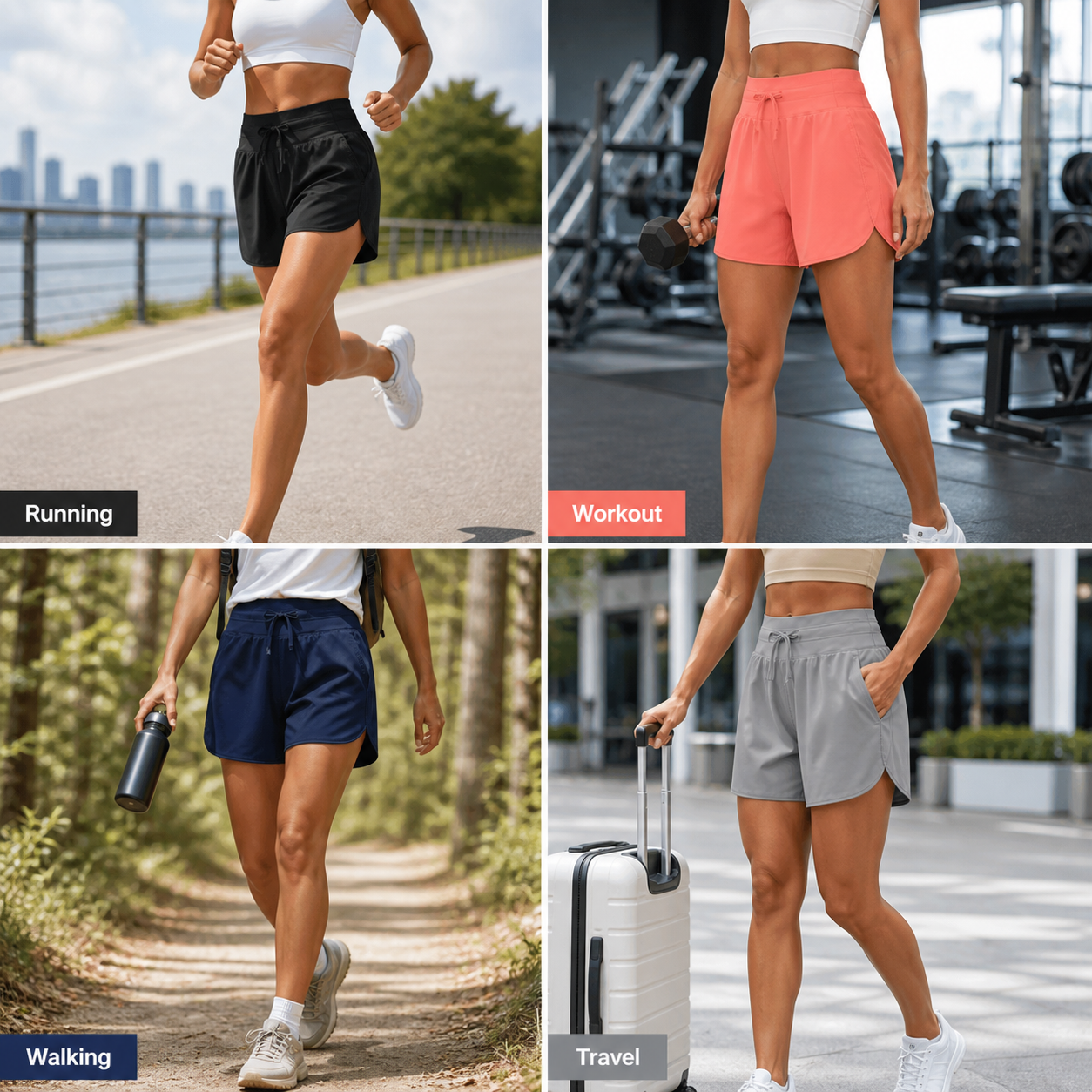 Women's running workout walking travel shorts lifestyle scenes