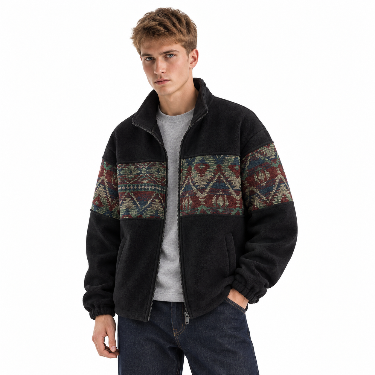 Black ethnic-pattern fleece jacket modeled with classic denim