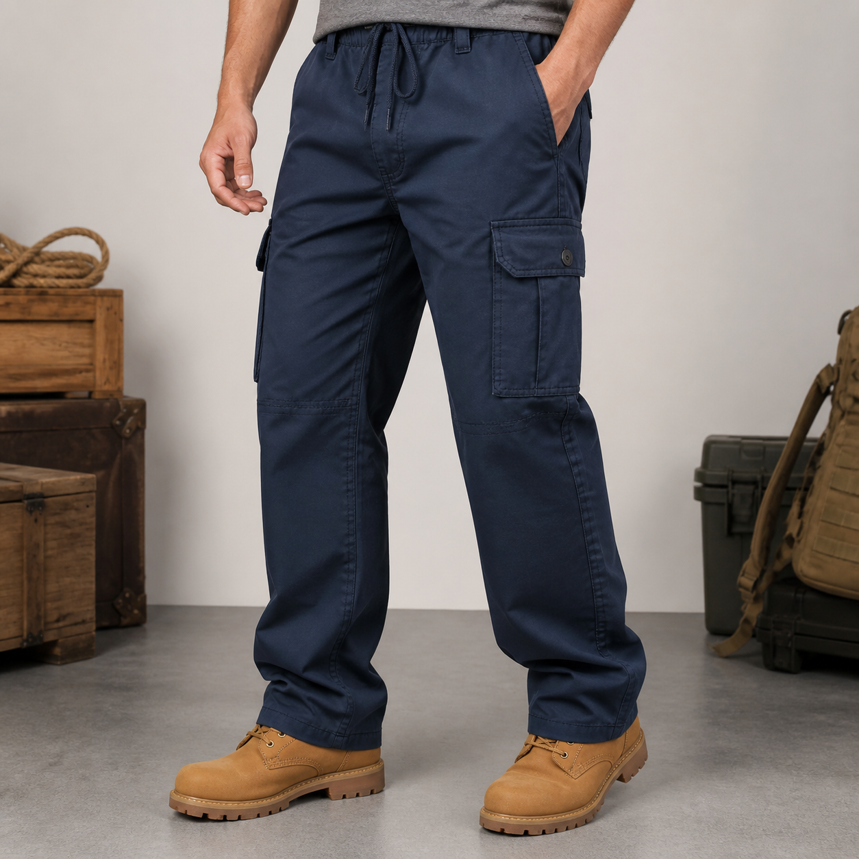 Navy blue men's cargo work pants model photo