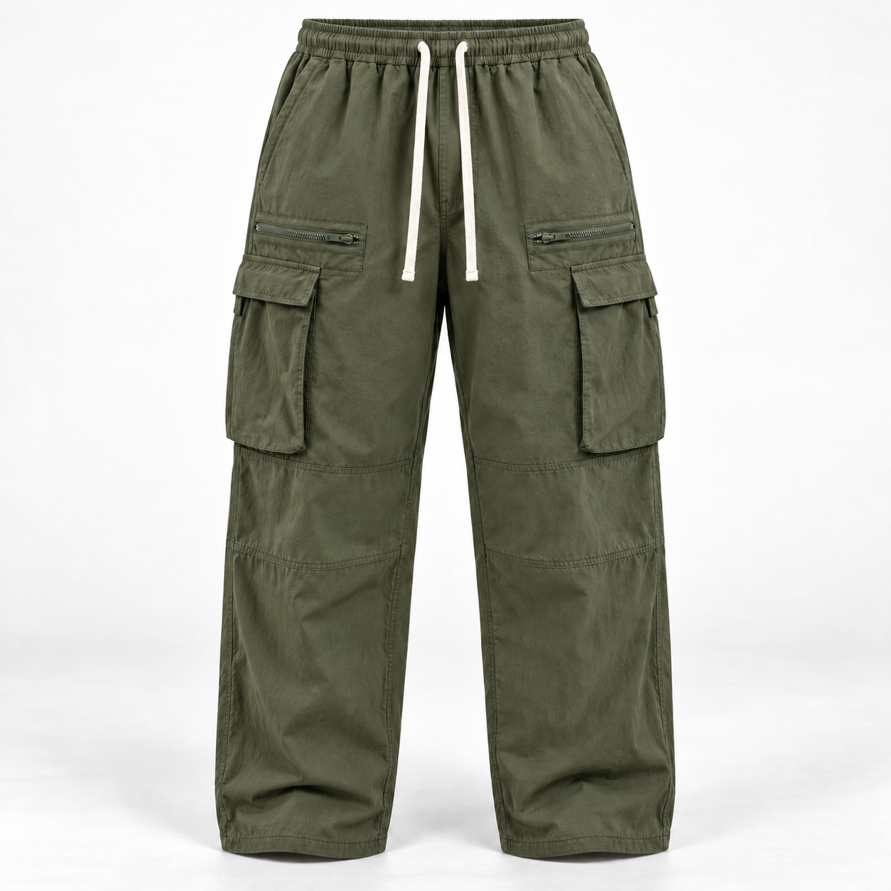 Army Green loose-fit drawstring cargo pants, front product view