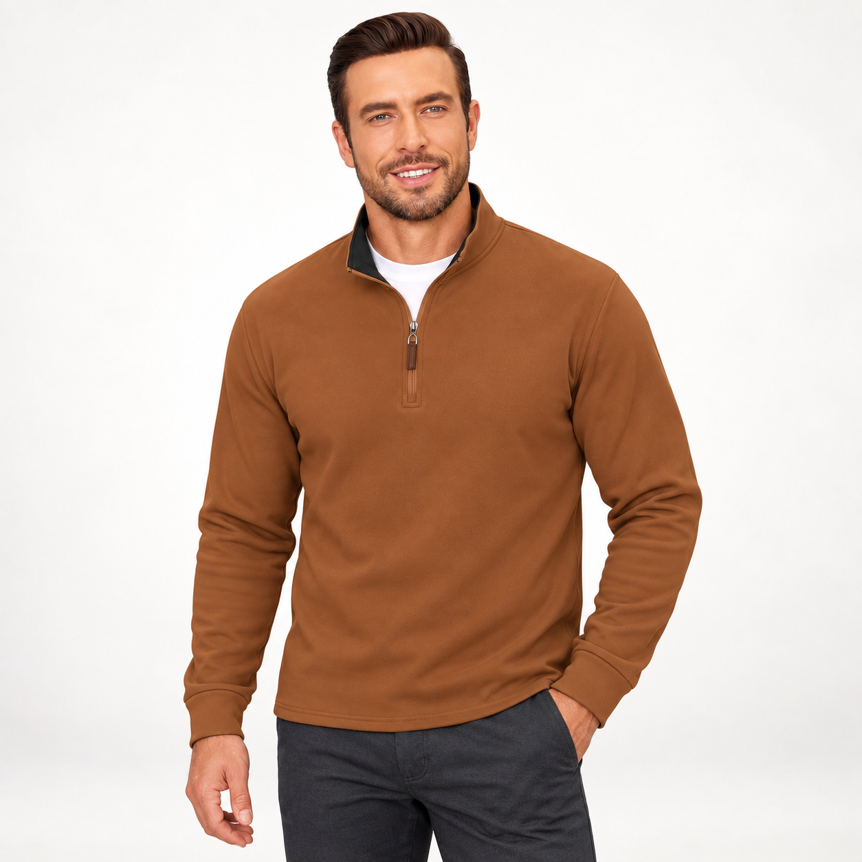 Man wearing the GZUSK men's quarter-zip fleece pullover in Light Brown