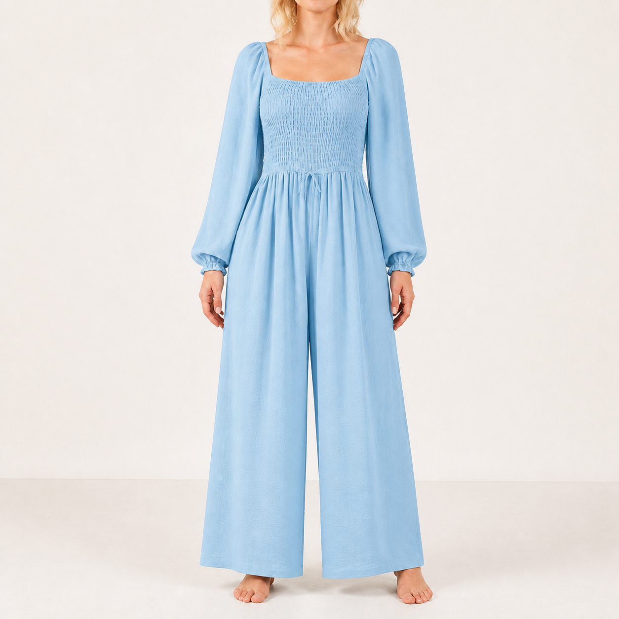 Women's square-neck smocked wide-leg jumpsuit — Sky Blue 8-Pack