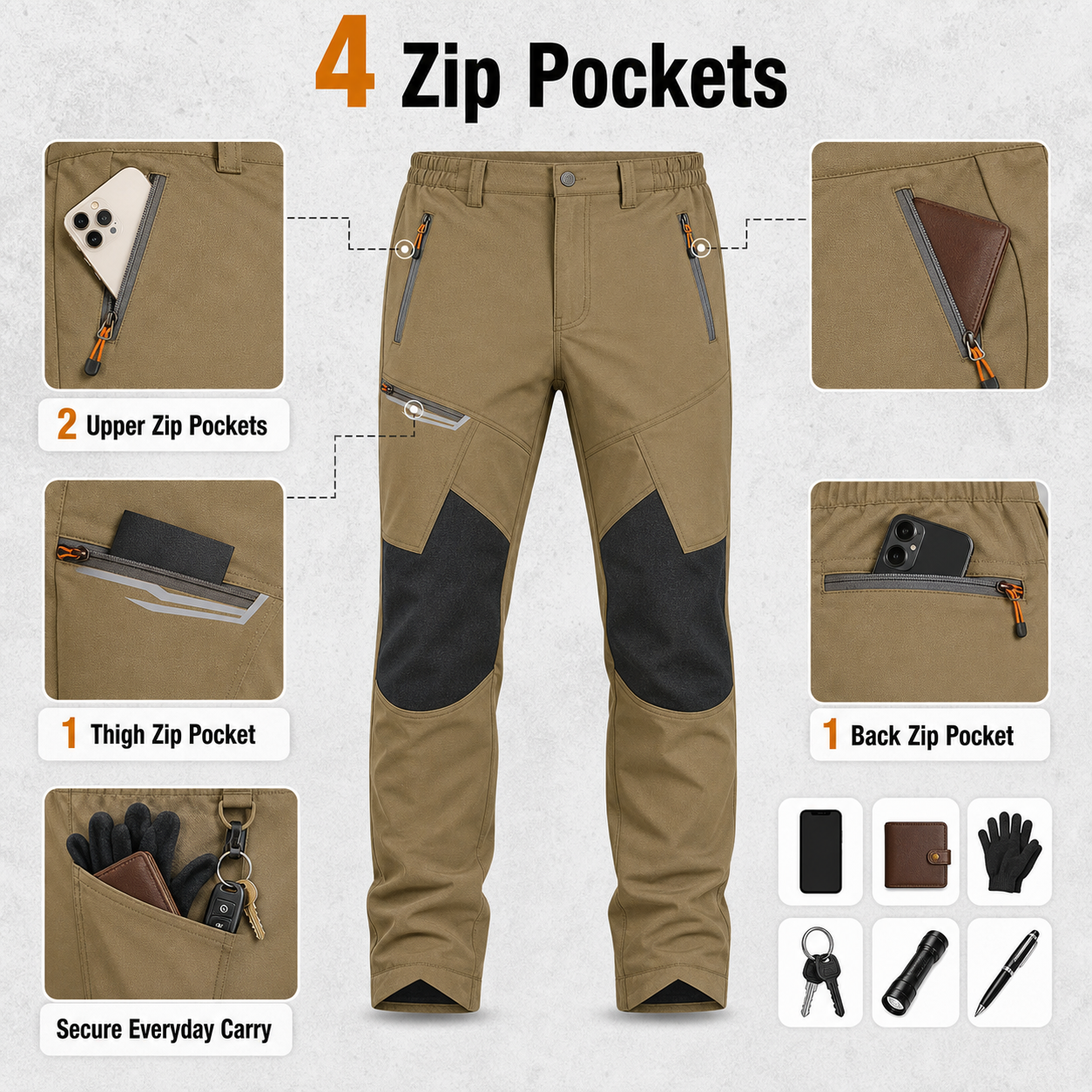 4 zip pockets for secure everyday carry