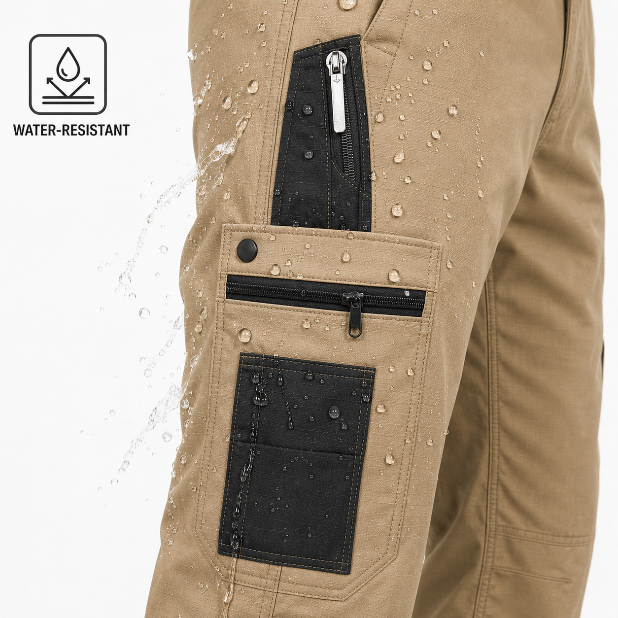 Water-resistant detail on tactical cargo work pants