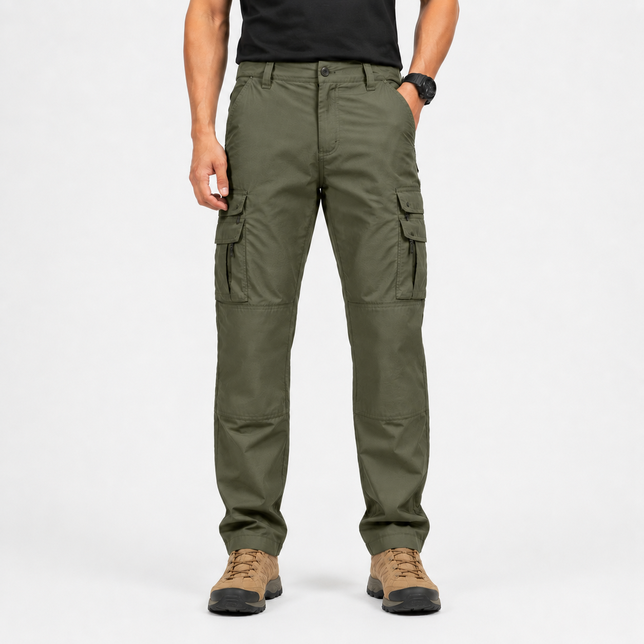 Green men's tactical cargo work pants front view