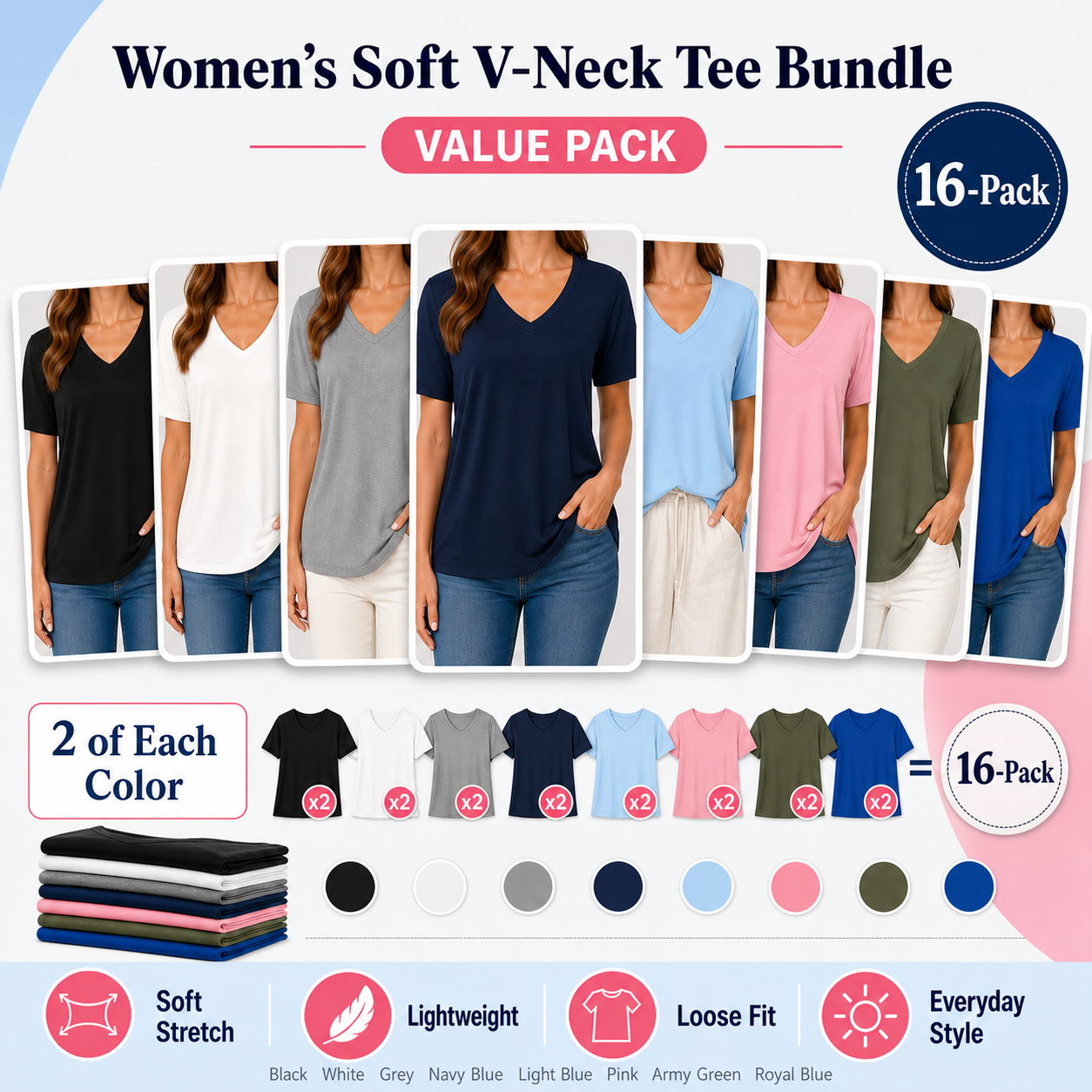 Women's soft V-neck T-shirt mixed 16-pack bundle
