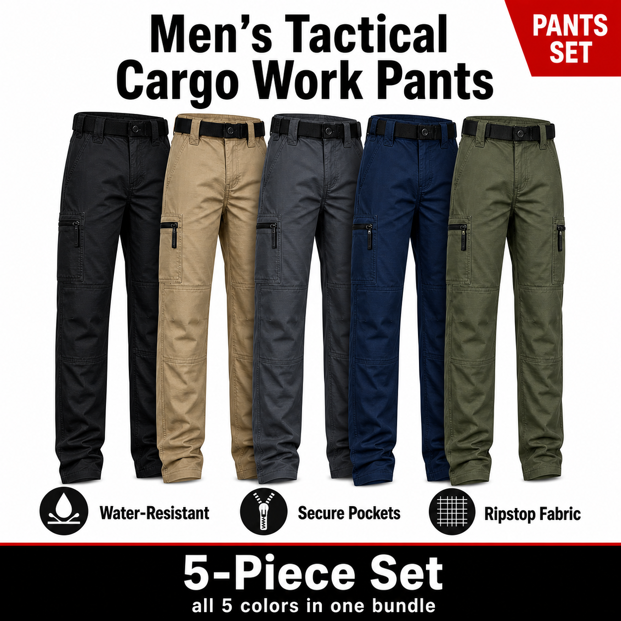 Men's Tactical Cargo Work Pants Multi-Pocket Ripstop Bundle