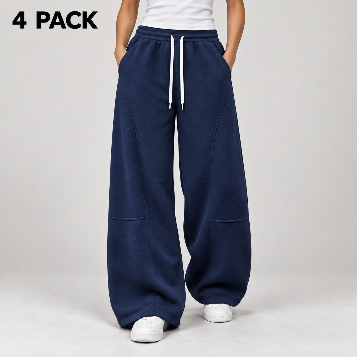 Faceless adult female wearing navy wide-leg sweatpants, labeled 4 PACK.
