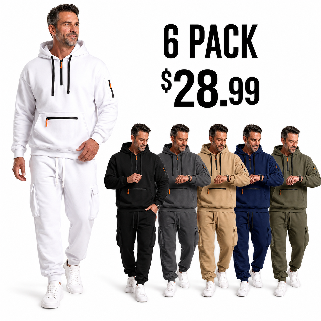 Unlined Spring/Fall Mixed 6 Colors 6 Pack men's hooded cargo jogger sets, $28.99