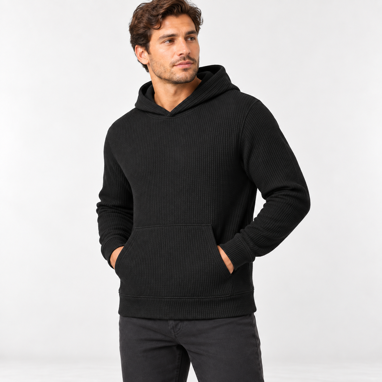 Men's Black waffle knit pullover hoodie