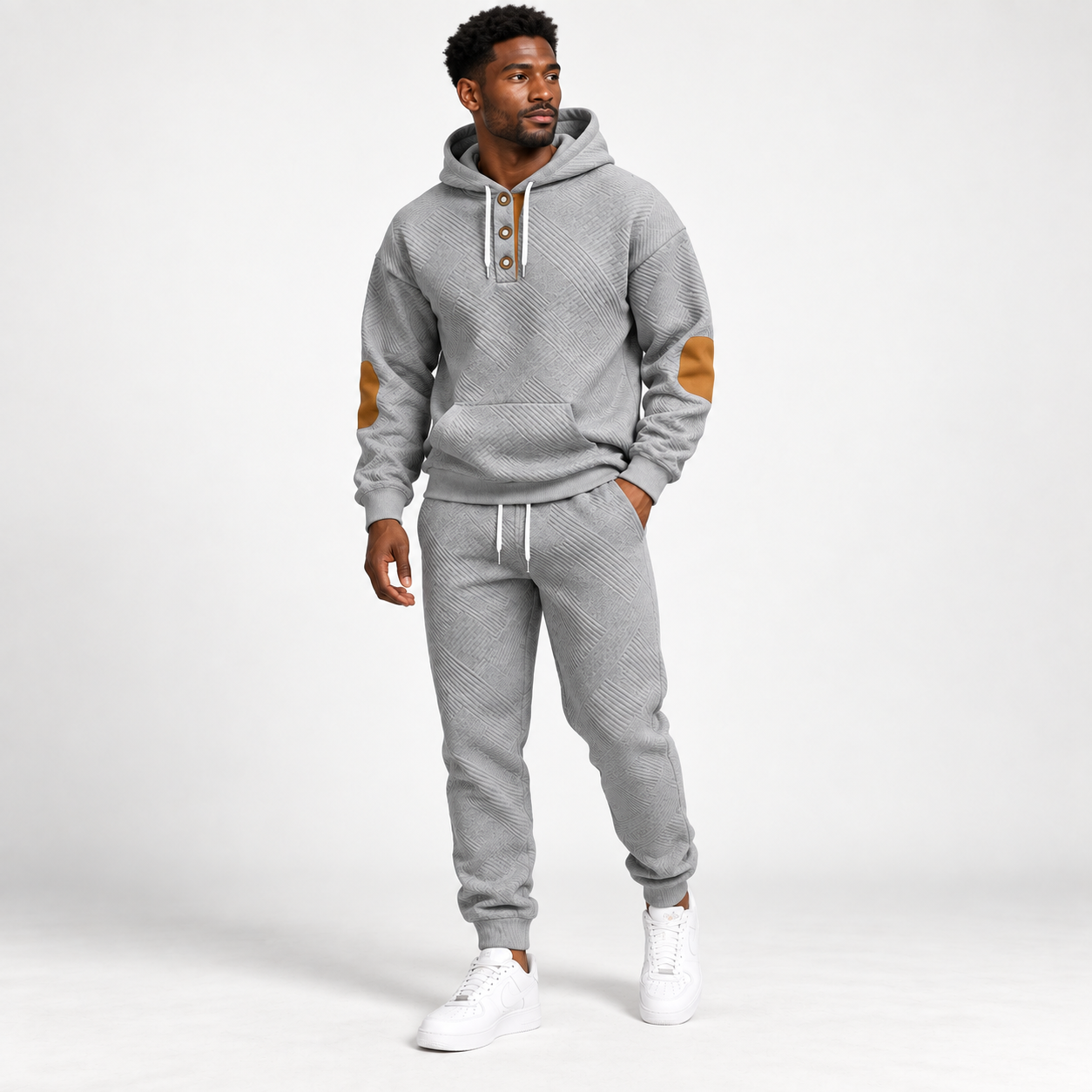 KRUIDA Men's 2-Piece Textured Hoodie Tracksuit - single gray