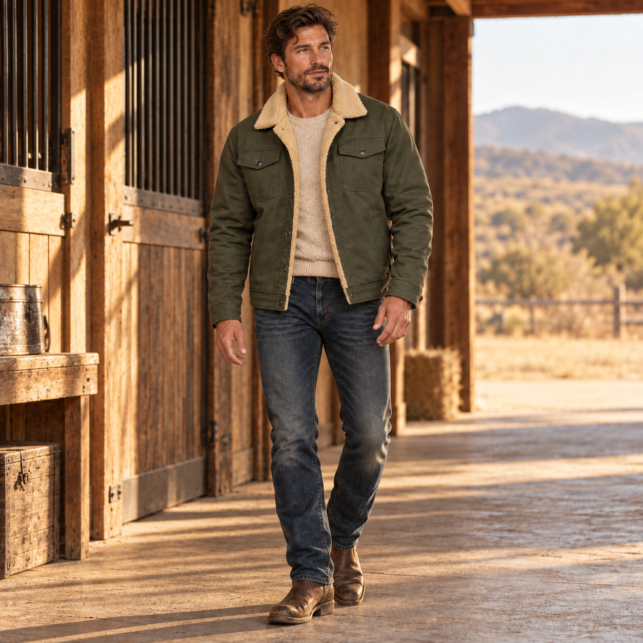 Green sherpa-lined trucker jacket