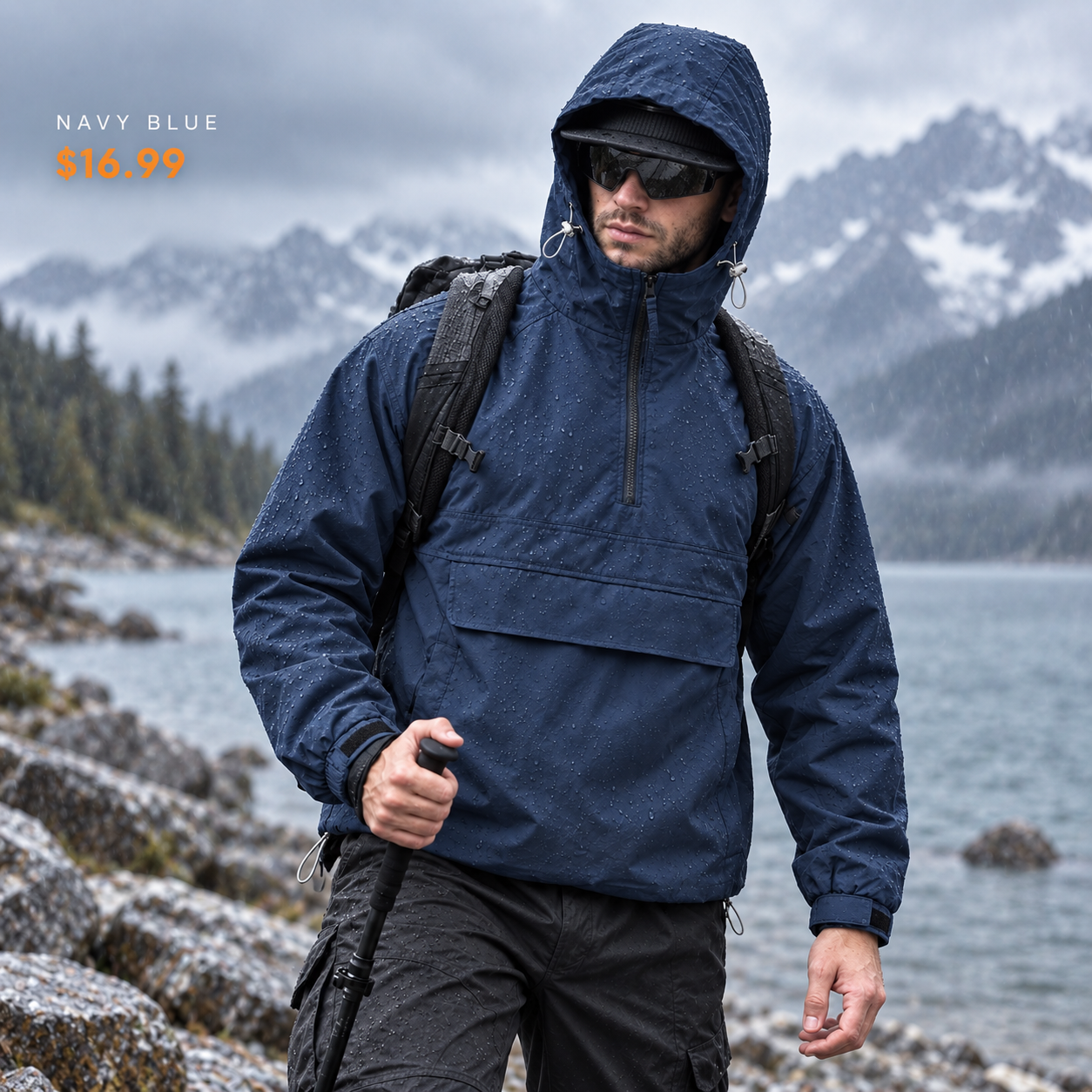 Regular single Navy Blue hooded half-zip utility jacket