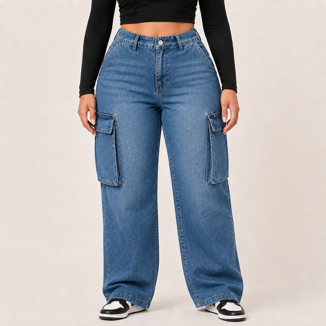 Vintage Blue high-rise cargo denim jeans, front view