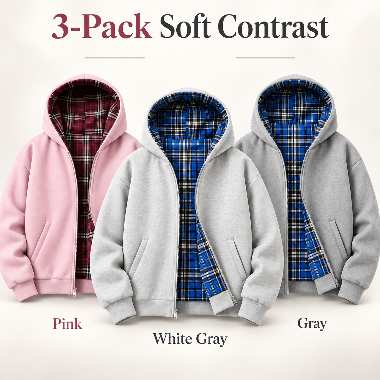 Three-pack Soft Contrast in Pink White Gray and Gray