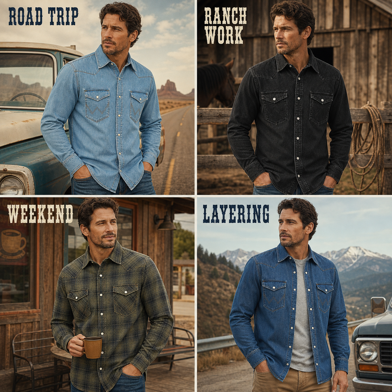 Men's western snap shirt road trip ranch work weekend and layering uses