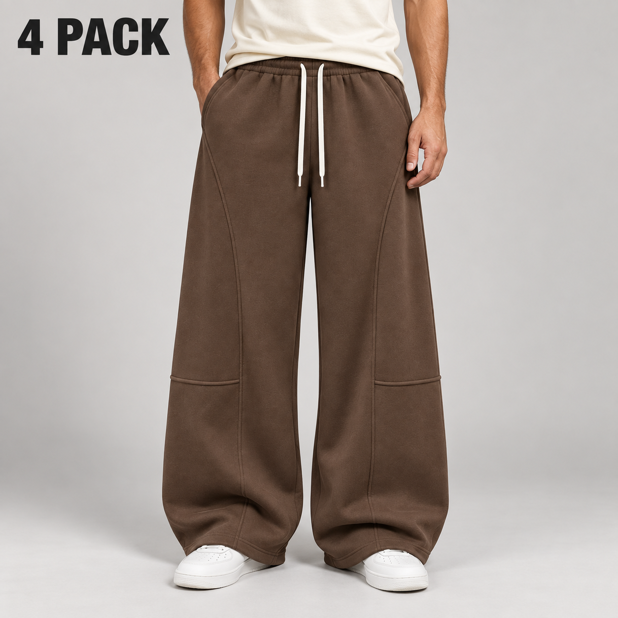 Faceless adult male wearing coffee brown wide-leg sweatpants, labeled 4 PACK.