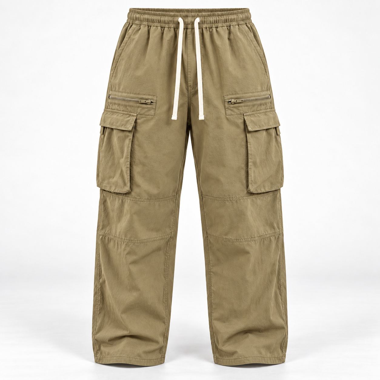 Khaki loose-fit drawstring cargo pants, front product view