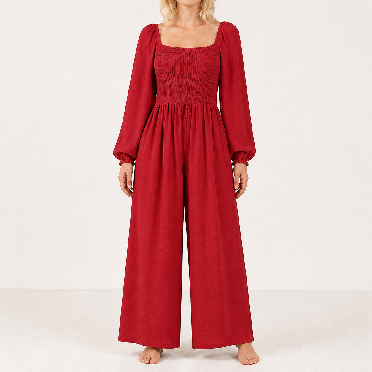 Women's square-neck smocked wide-leg jumpsuit — Red 8-Pack