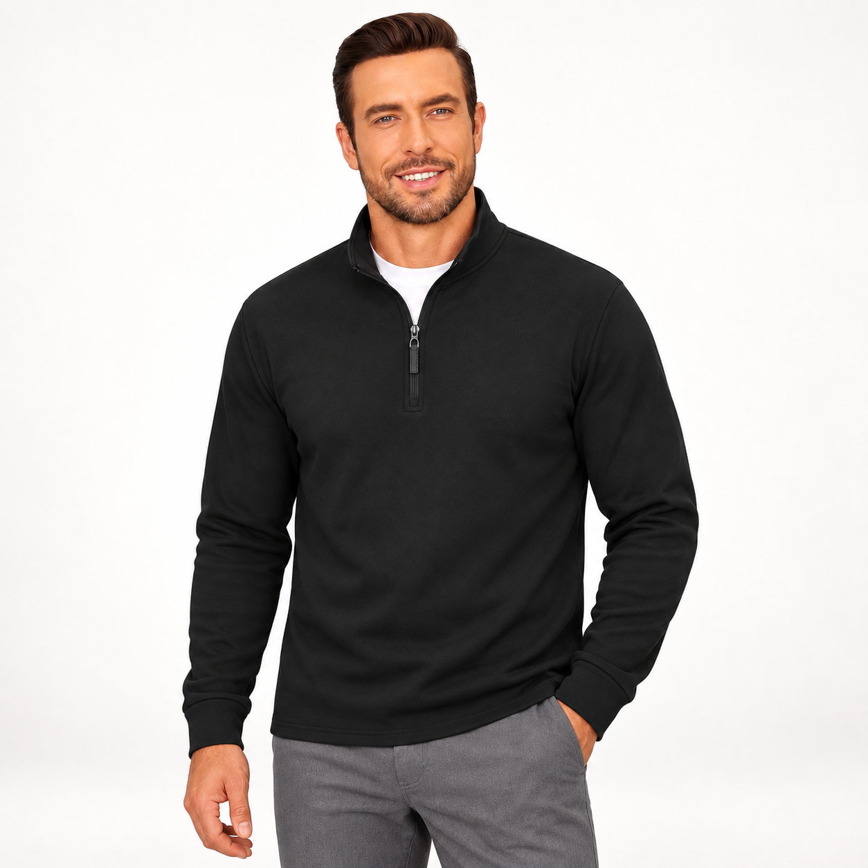 Man wearing the GZUSK men's quarter-zip fleece pullover in Solid Black