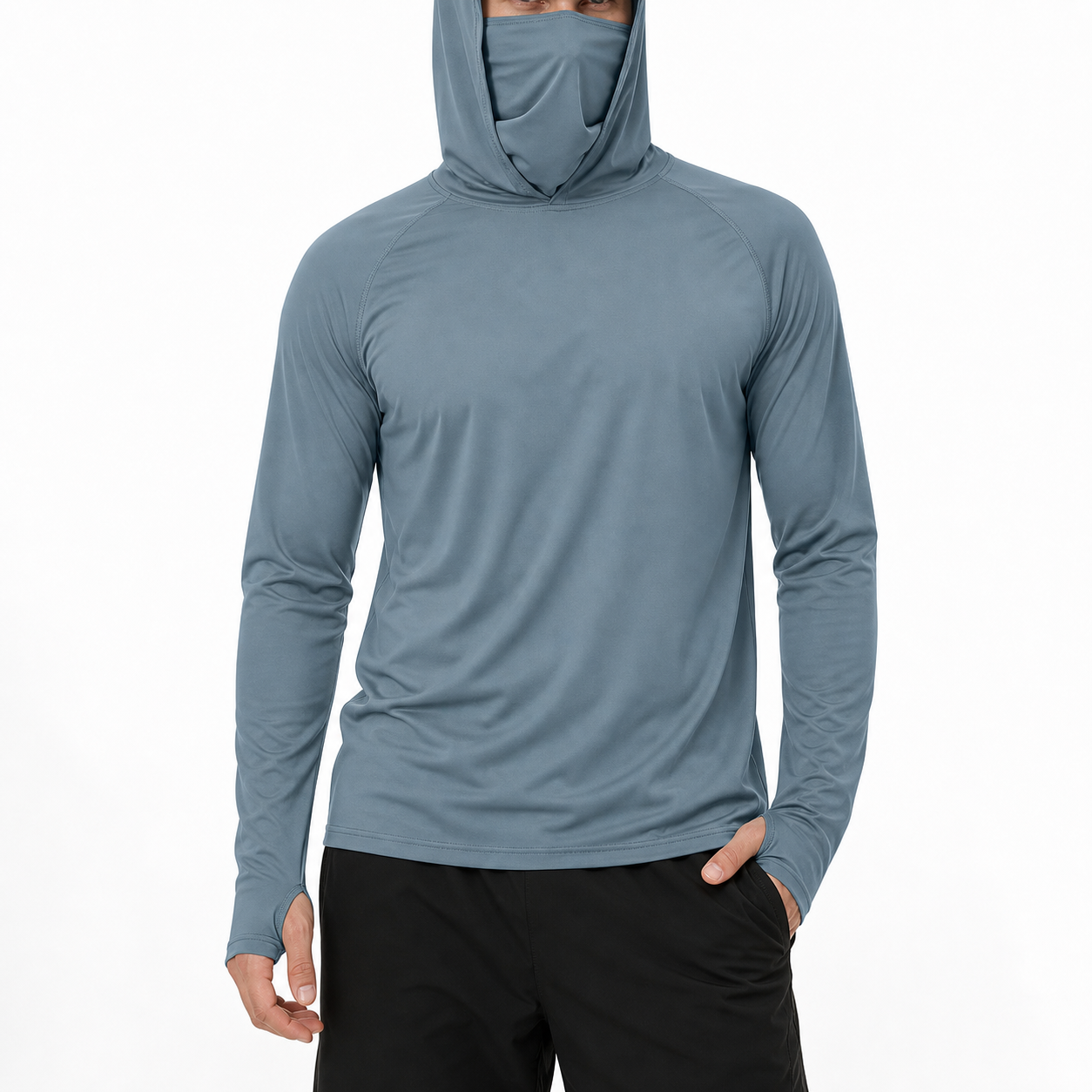 Men's hooded sun shirt steel blue
