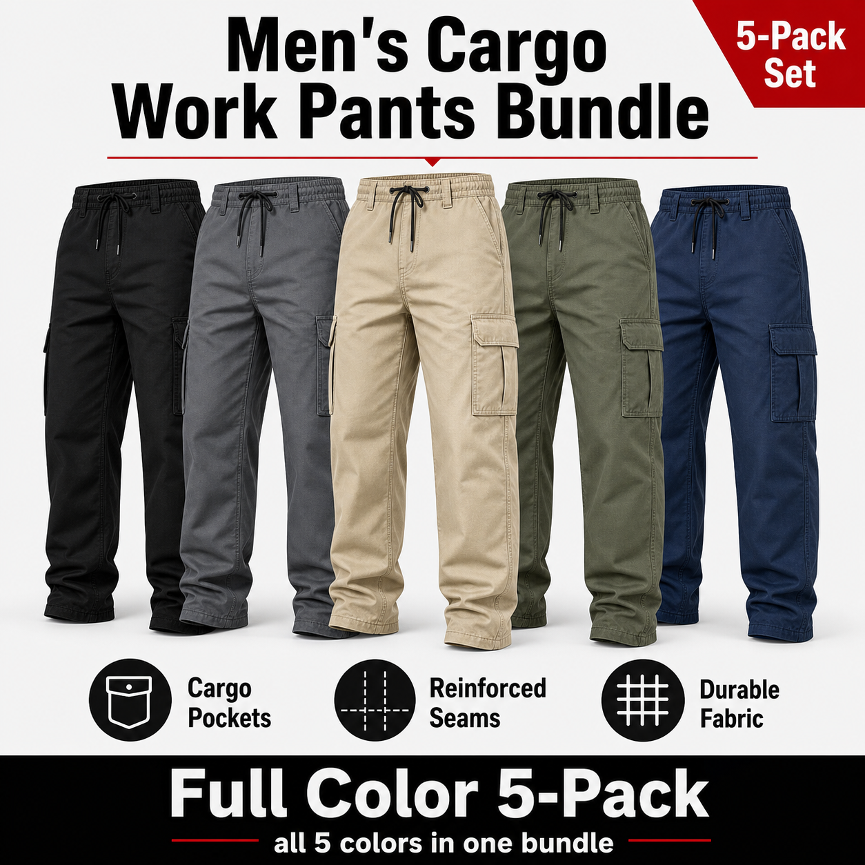 Men's cargo work pants mixed full color 5-pack bundle
