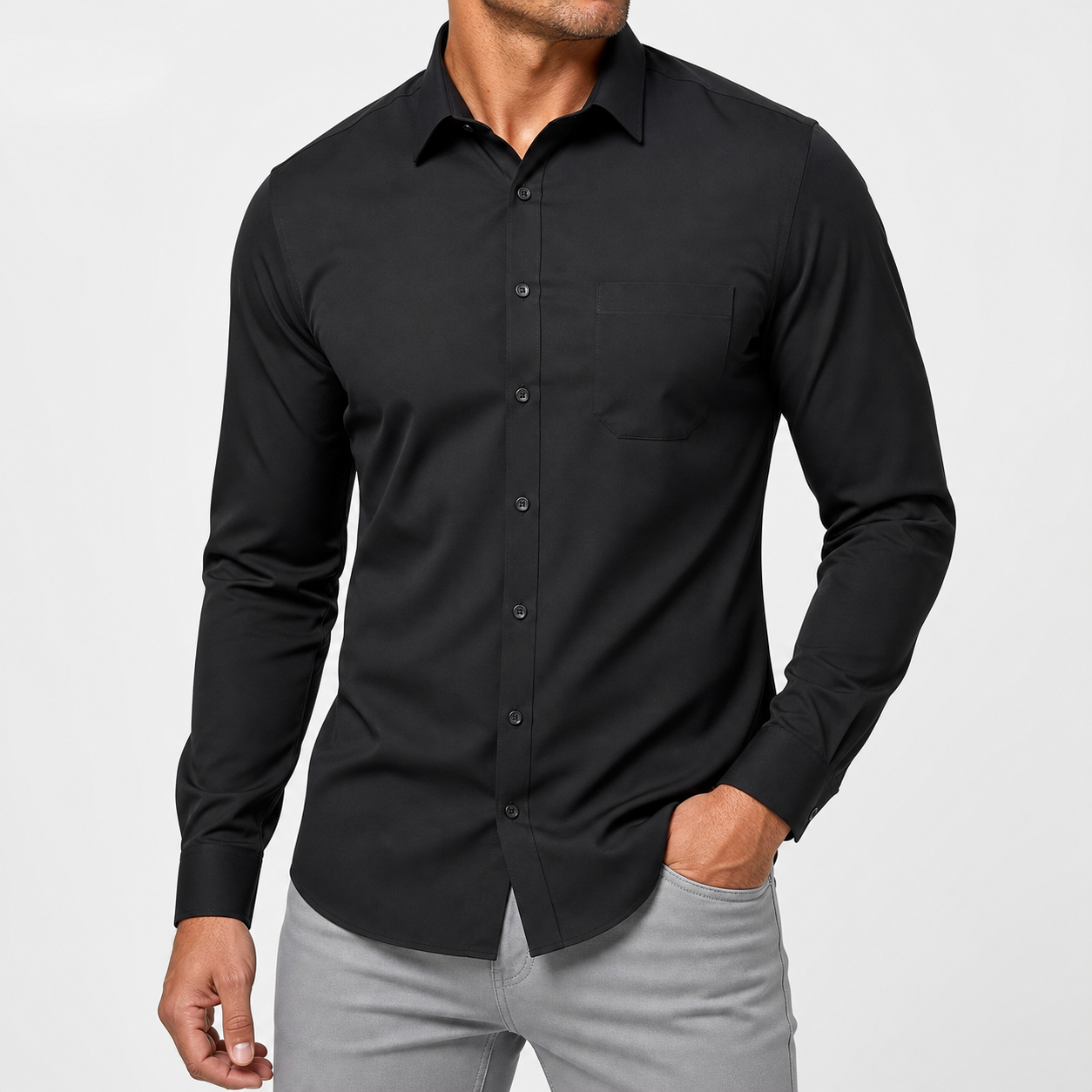 Black men's slim fit long sleeve button down dress shirt