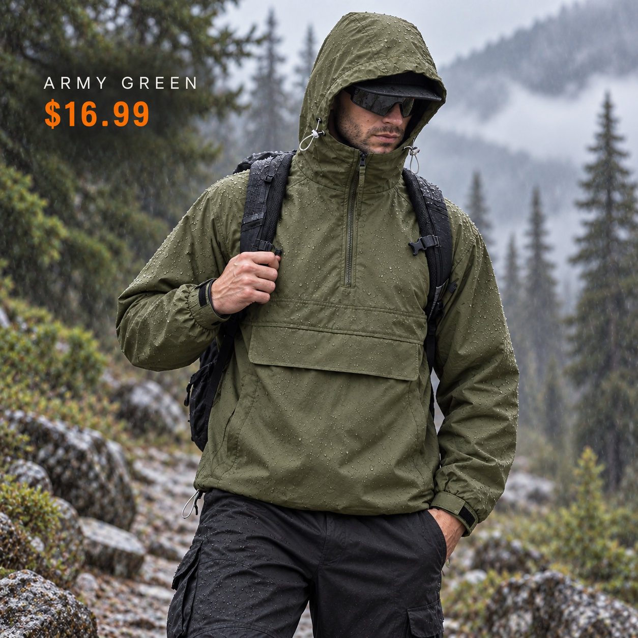 Regular single Army Green hooded half-zip utility jacket
