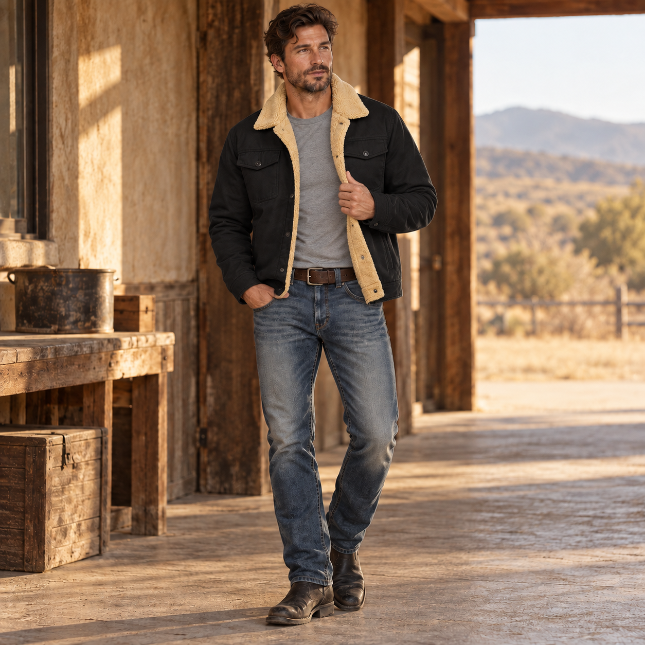 Black sherpa-lined trucker jacket