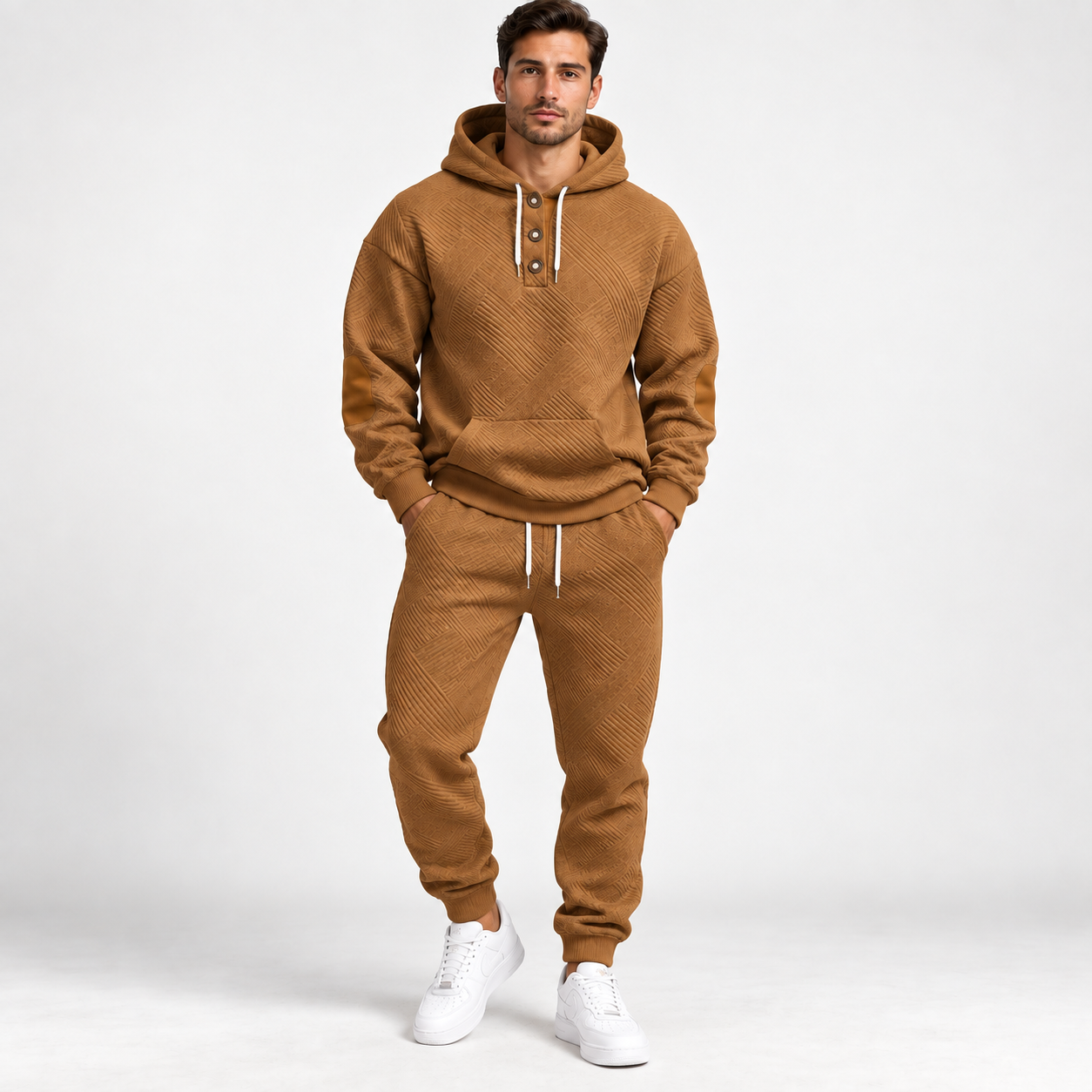 KRUIDA Men's 2-Piece Textured Hoodie Tracksuit - single caramel