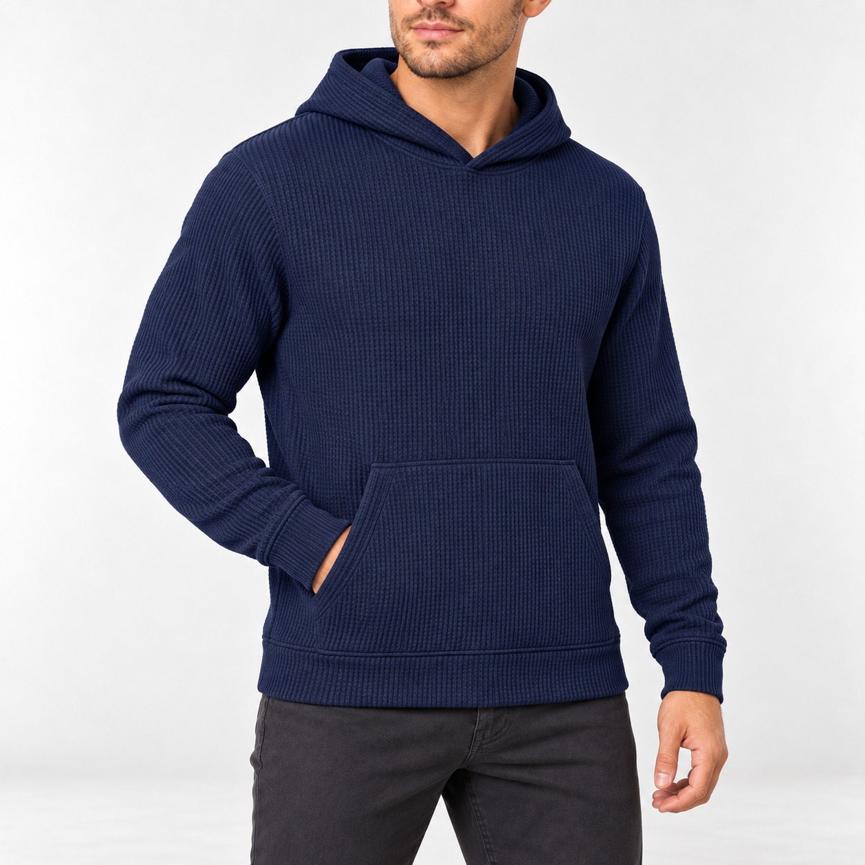 Men's Navy waffle knit pullover hoodie