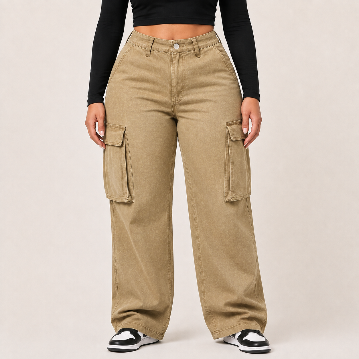 Utility Khaki high-rise cargo denim jeans, front view