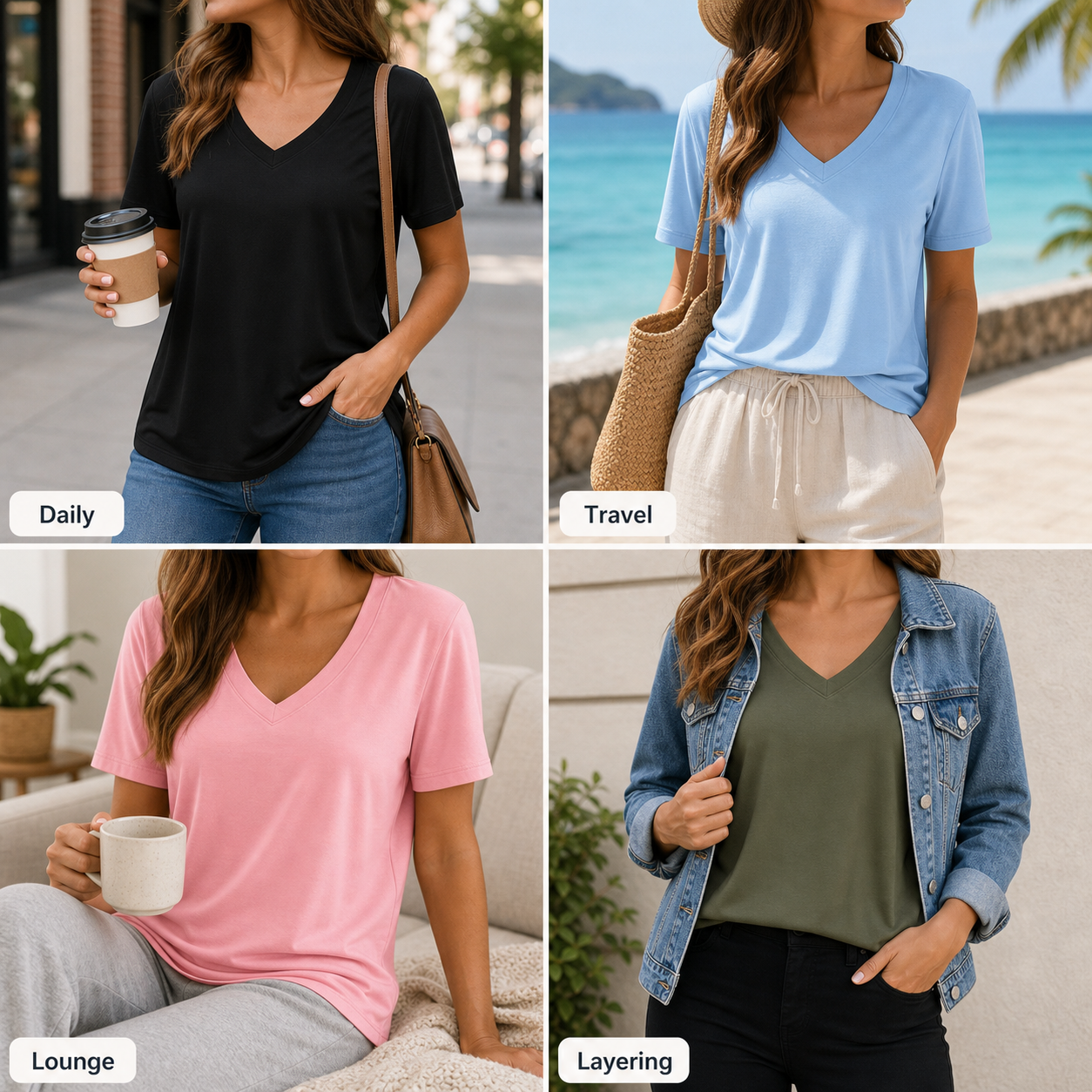 Women's soft V-neck T-shirt everyday travel lounge and layering scene