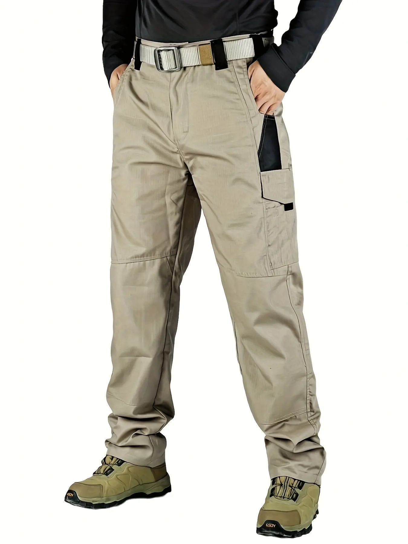 Khaki tactical cargo work pants front side view