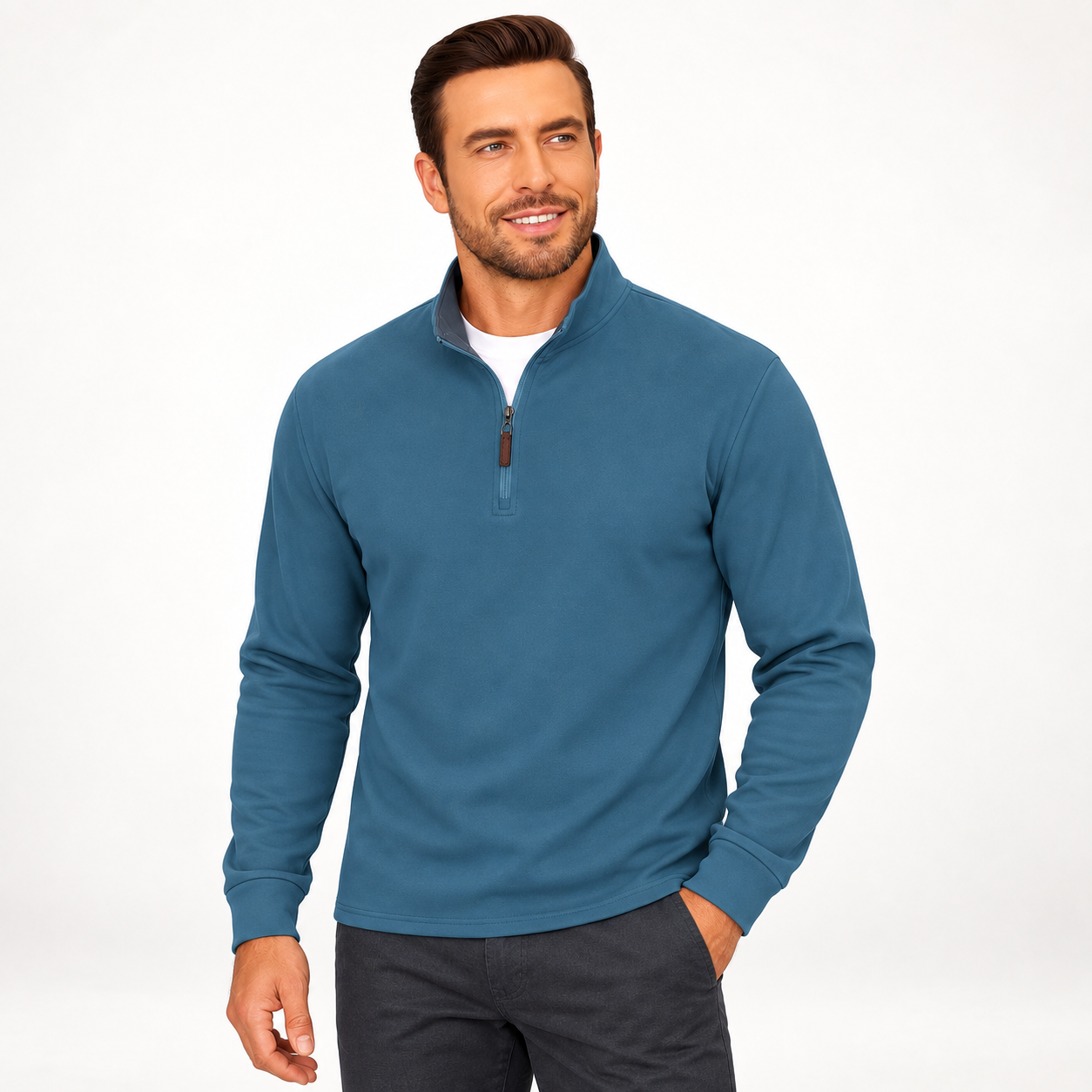 Man wearing the GZUSK men's quarter-zip fleece pullover in Solid Blue Gray