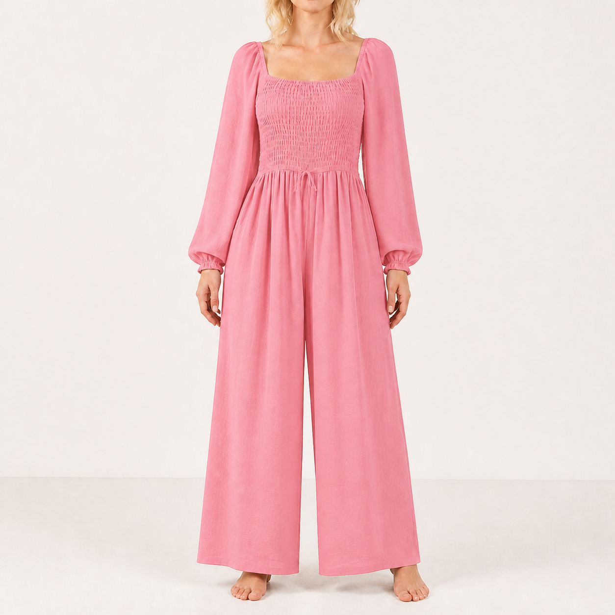 Women's square-neck smocked wide-leg jumpsuit — Strawberry Pink 8-Pack