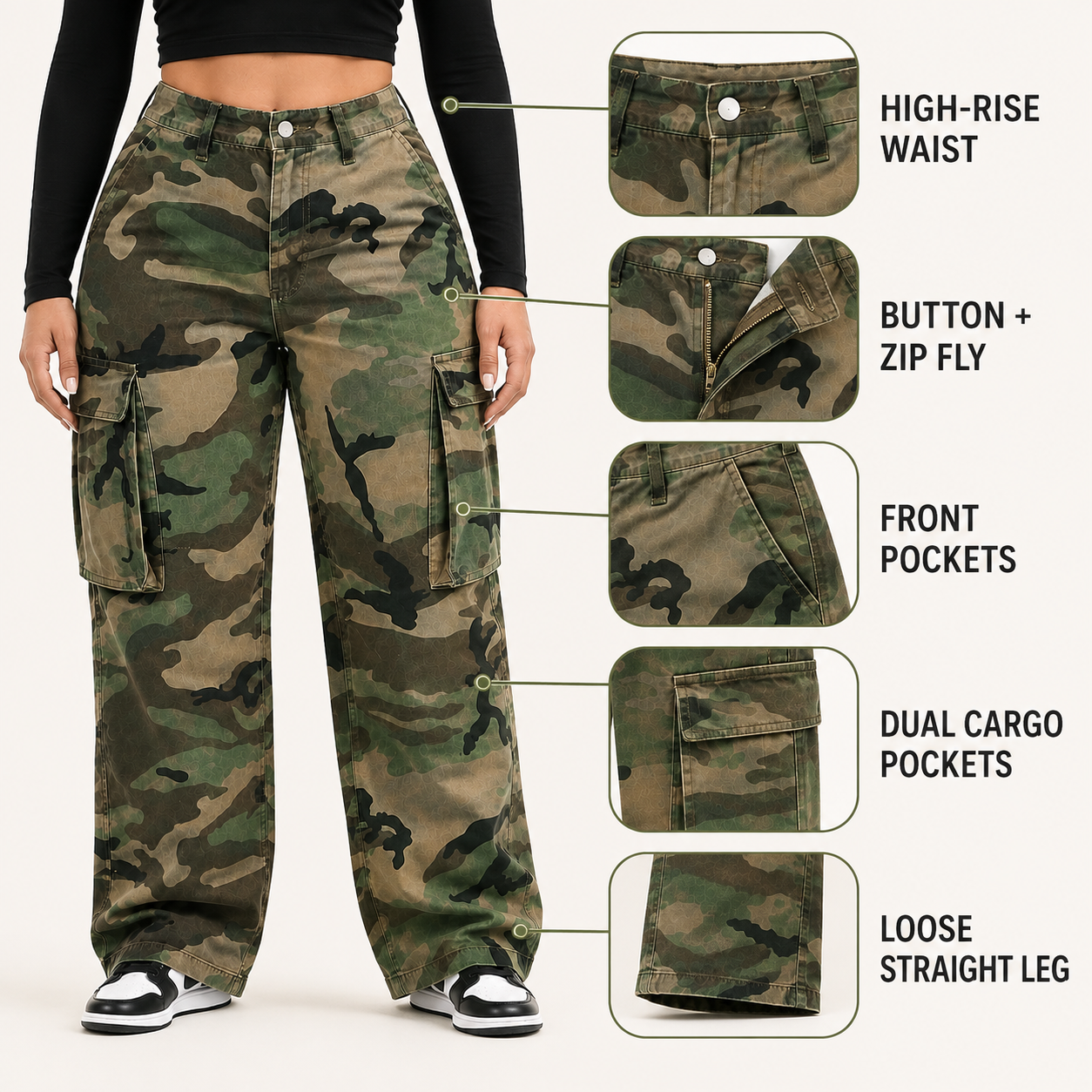 High-rise waist, button and zip fly, front pockets, dual cargo pockets and loose straight leg