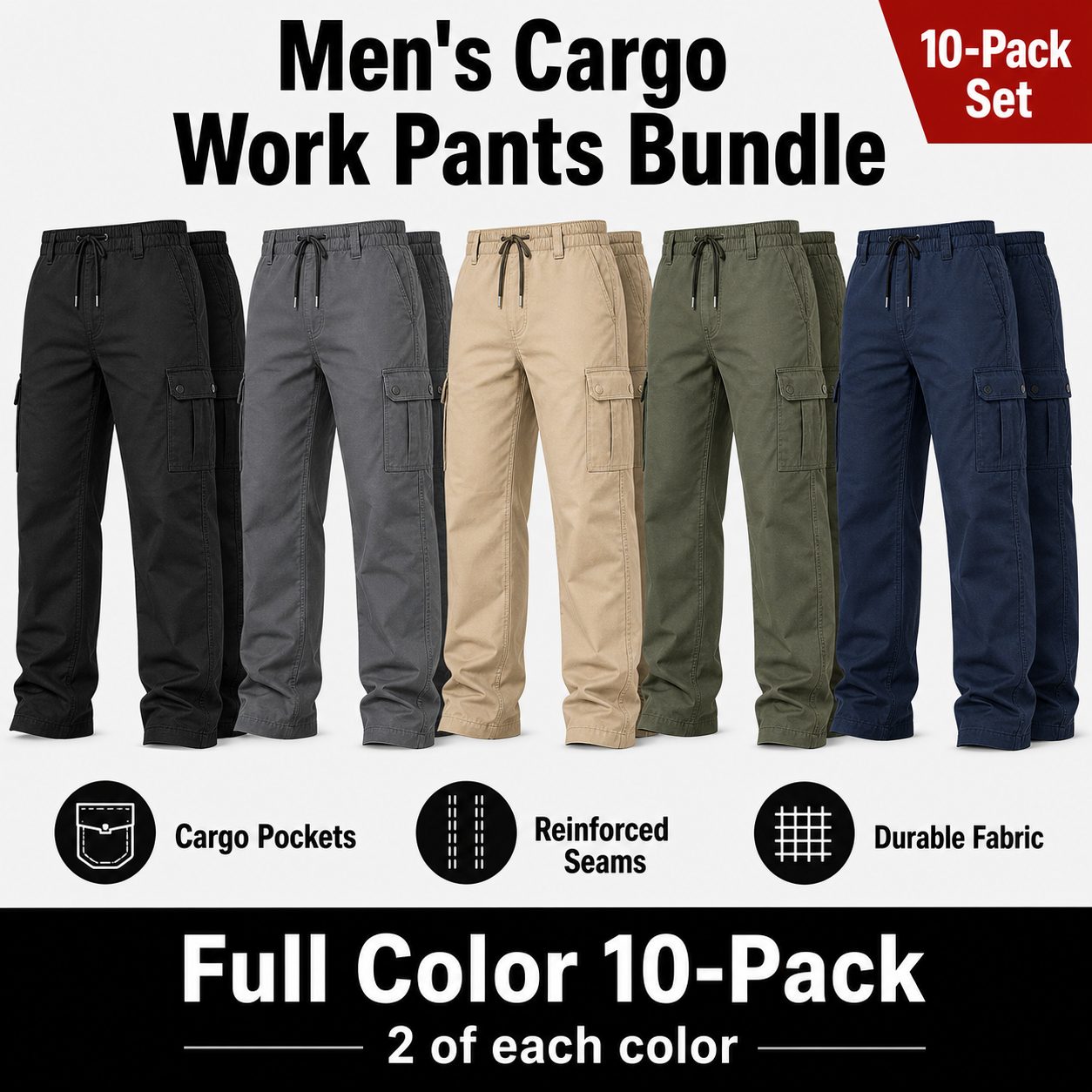 Men's cargo work pants mixed full color 10-pack bundle