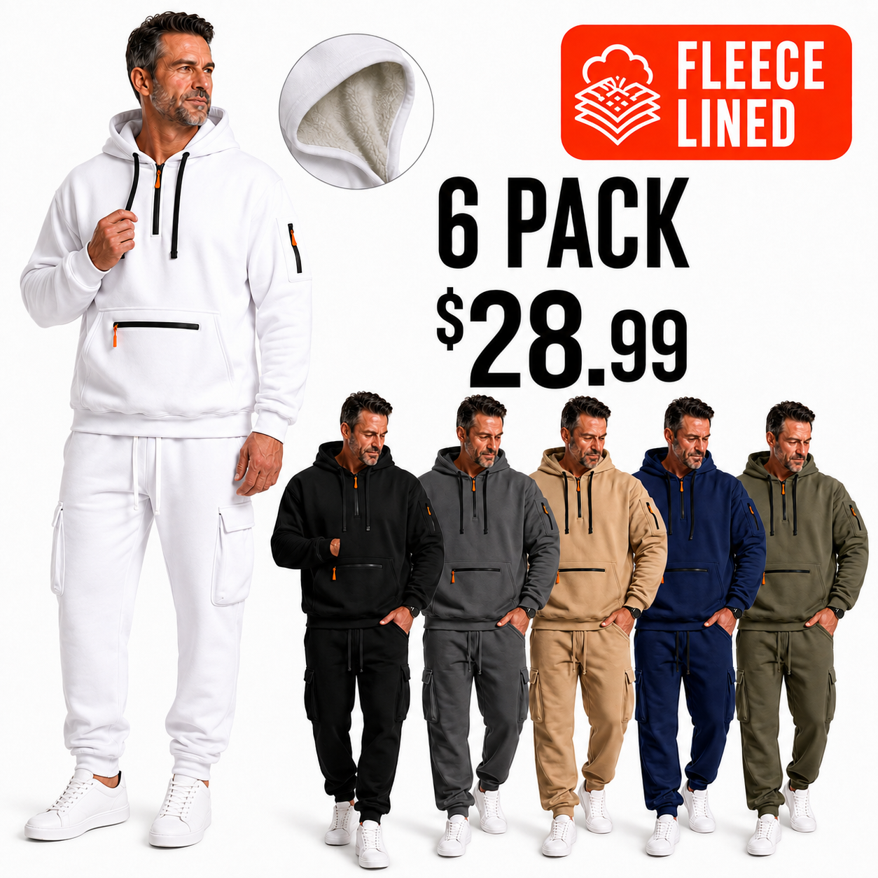 Fleece Lined Mixed 6 Colors 6 Pack men's hooded cargo jogger sets, $28.99