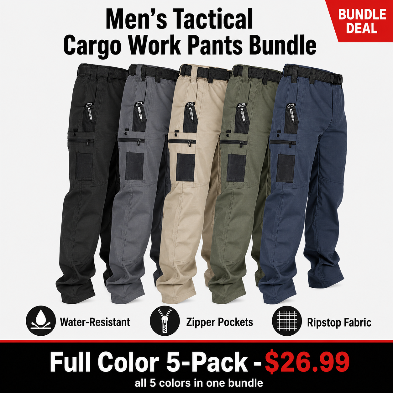 Full Color 5-Pack men's tactical cargo work pants bundle