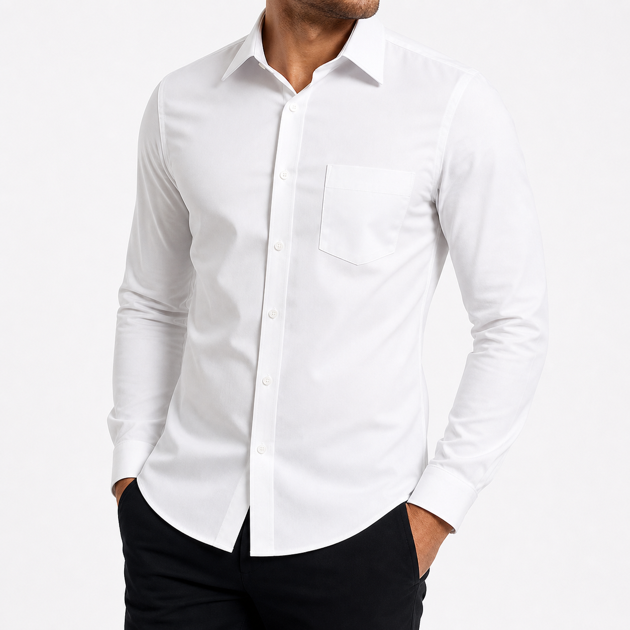 White men's slim fit long sleeve button down dress shirt