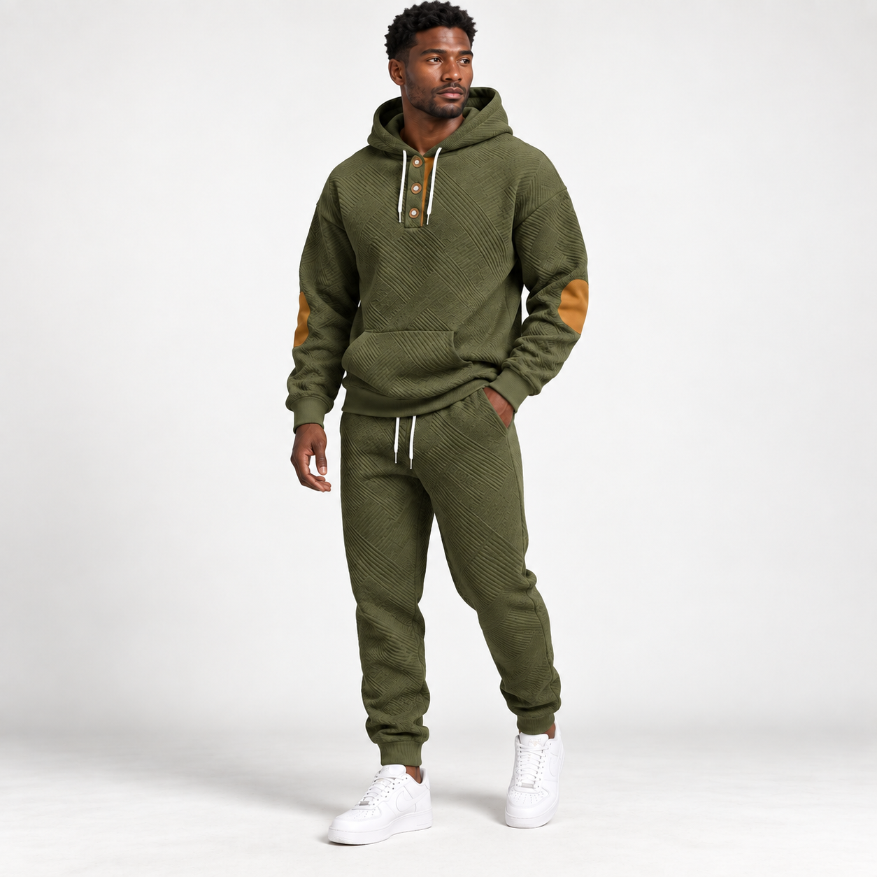 KRUIDA Men's 2-Piece Textured Hoodie Tracksuit - single army green